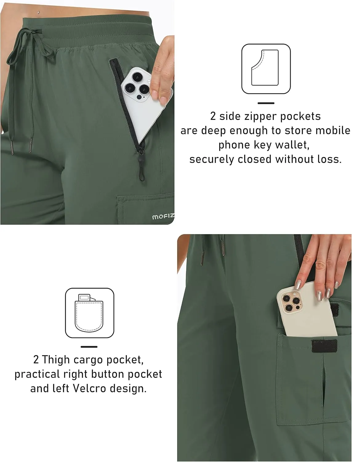 MoFiz Women's Capris Cargo Hiking Pants Lightweight Quick Dry Outdoor Athletic Running Sports Travel Summer Zipper Pockets