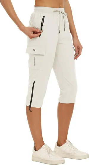 MoFiz Women's Capris Cargo Hiking Pants Lightweight Quick Dry Outdoor Athletic Running Sports Travel Summer Zipper Pockets