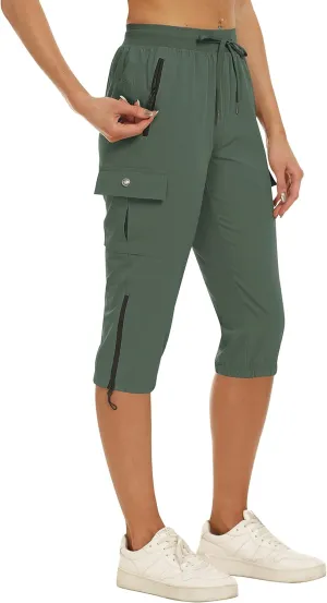 MoFiz Women's Capris Cargo Hiking Pants Lightweight Quick Dry Outdoor Athletic Running Sports Travel Summer Zipper Pockets