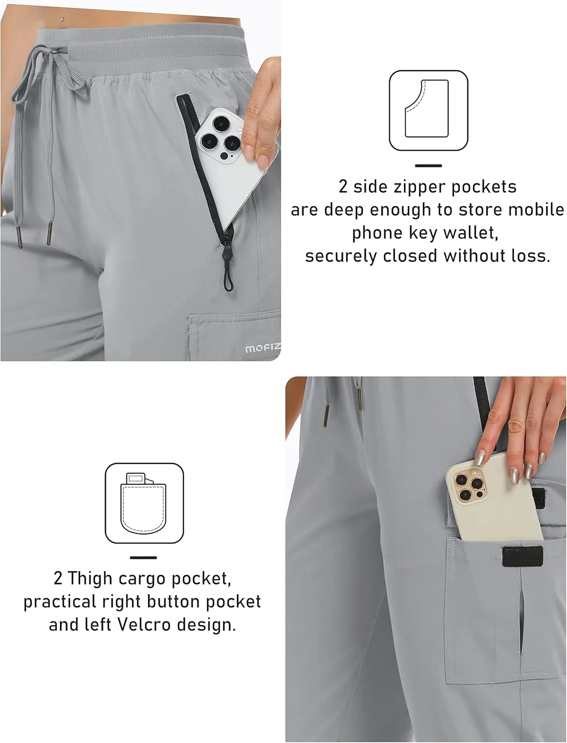 MoFiz Women's Capris Cargo Hiking Pants Lightweight Quick Dry Outdoor Athletic Running Sports Travel Summer Zipper Pockets