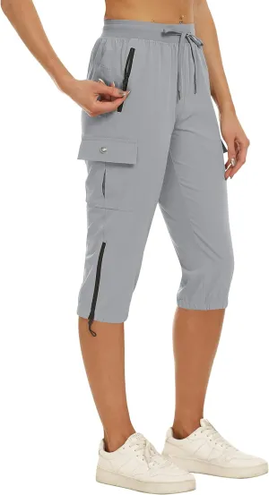 MoFiz Women's Capris Cargo Hiking Pants Lightweight Quick Dry Outdoor Athletic Running Sports Travel Summer Zipper Pockets