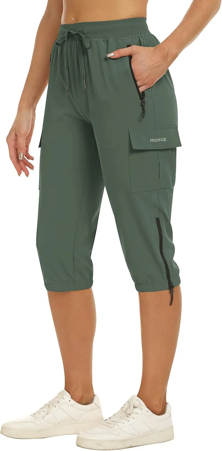 MoFiz Women's Capris Cargo Hiking Pants Lightweight Quick Dry Outdoor Athletic Running Sports Travel Summer Zipper Pockets