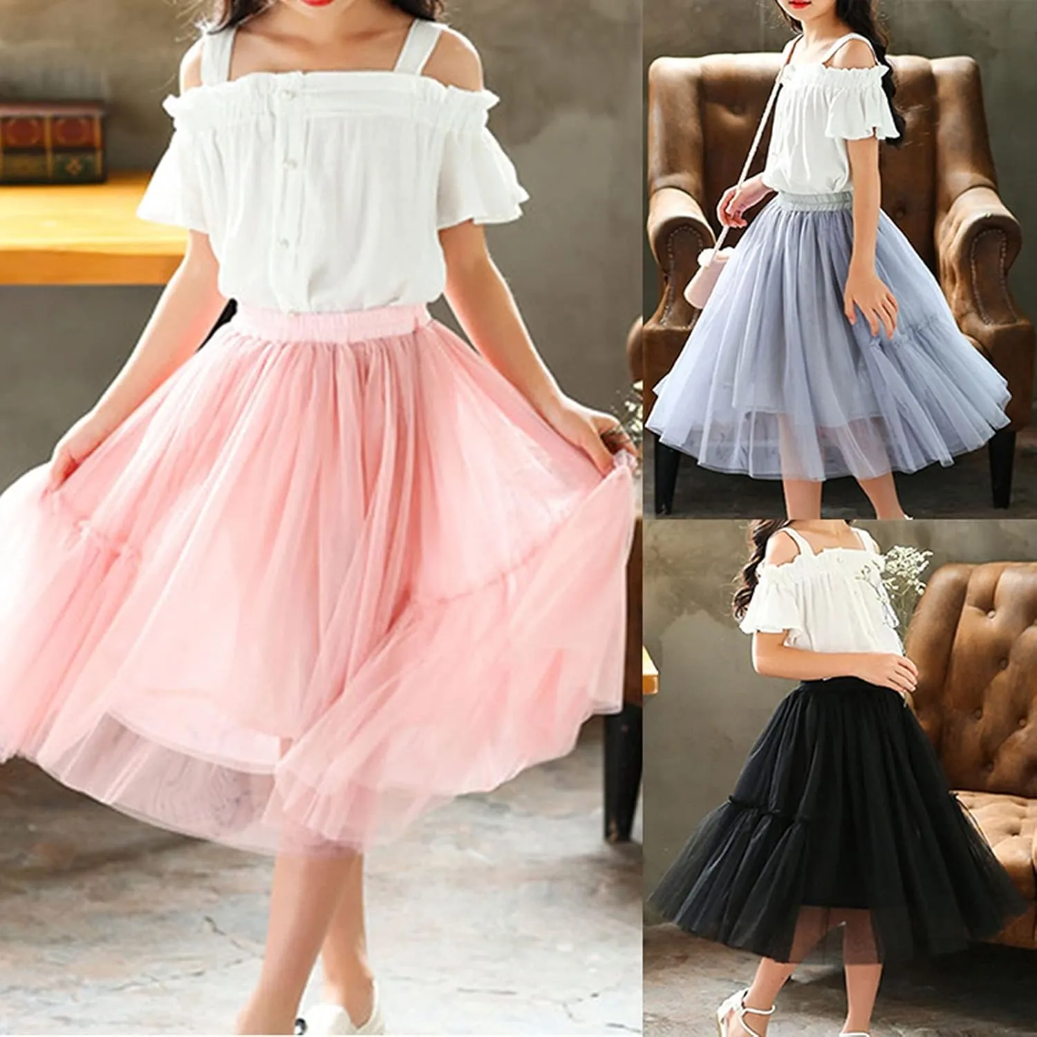 Moonker Little Child Girls Long Skirt Girls Tiered Ruffle Maxi Skirts Girls Soft Skirt Party Girl Skirt Easter