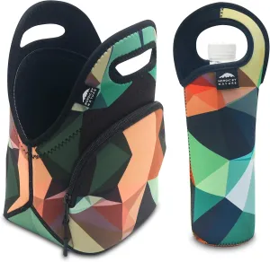 Nordic By Nature Neoprene Lunch Bag, Extra Side Pocket, Thick Insulated Tote With Bottle Sleeve, Flexible & Durable (Mosaic Camo)