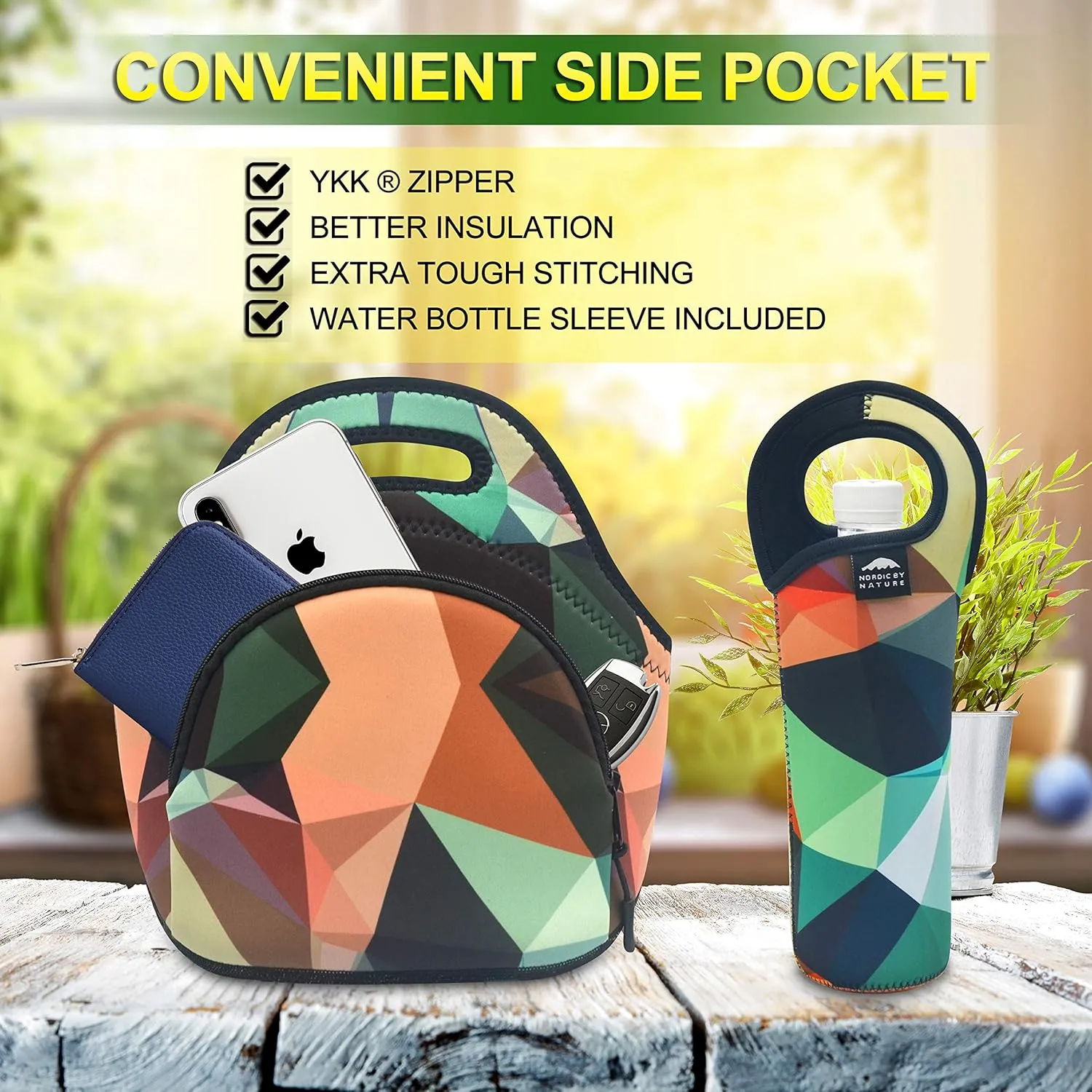 Nordic By Nature Neoprene Lunch Bag, Extra Side Pocket, Thick Insulated Tote With Bottle Sleeve, Flexible & Durable (Mosaic Camo)
