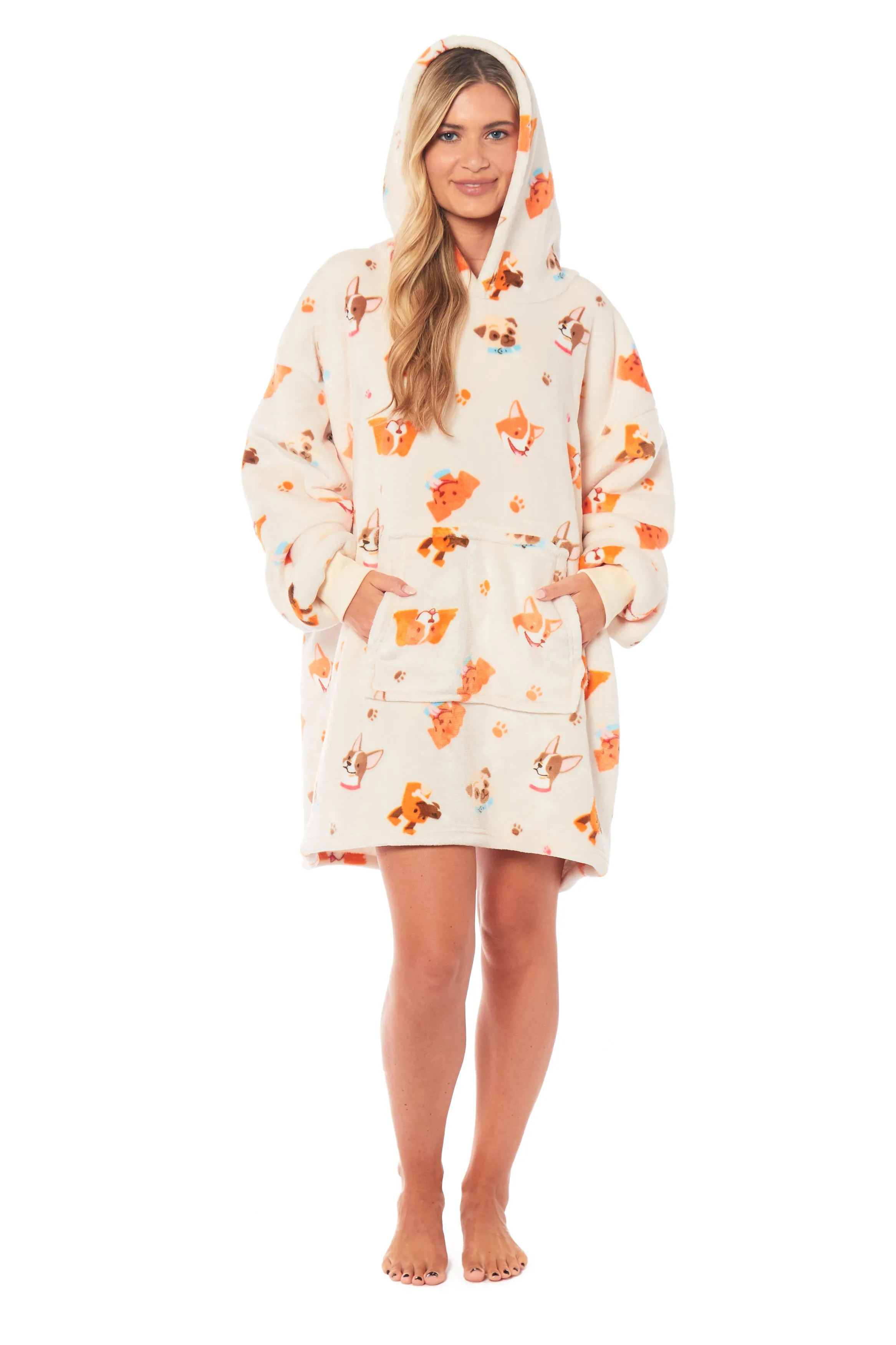 Oversized Dogs Reversible Sherpa Hooded Blanket Ultra Soft Flannel Fleece Hoodie for Adults and Kids with Large Pocket Durable Polyester by Daisy Dreamer