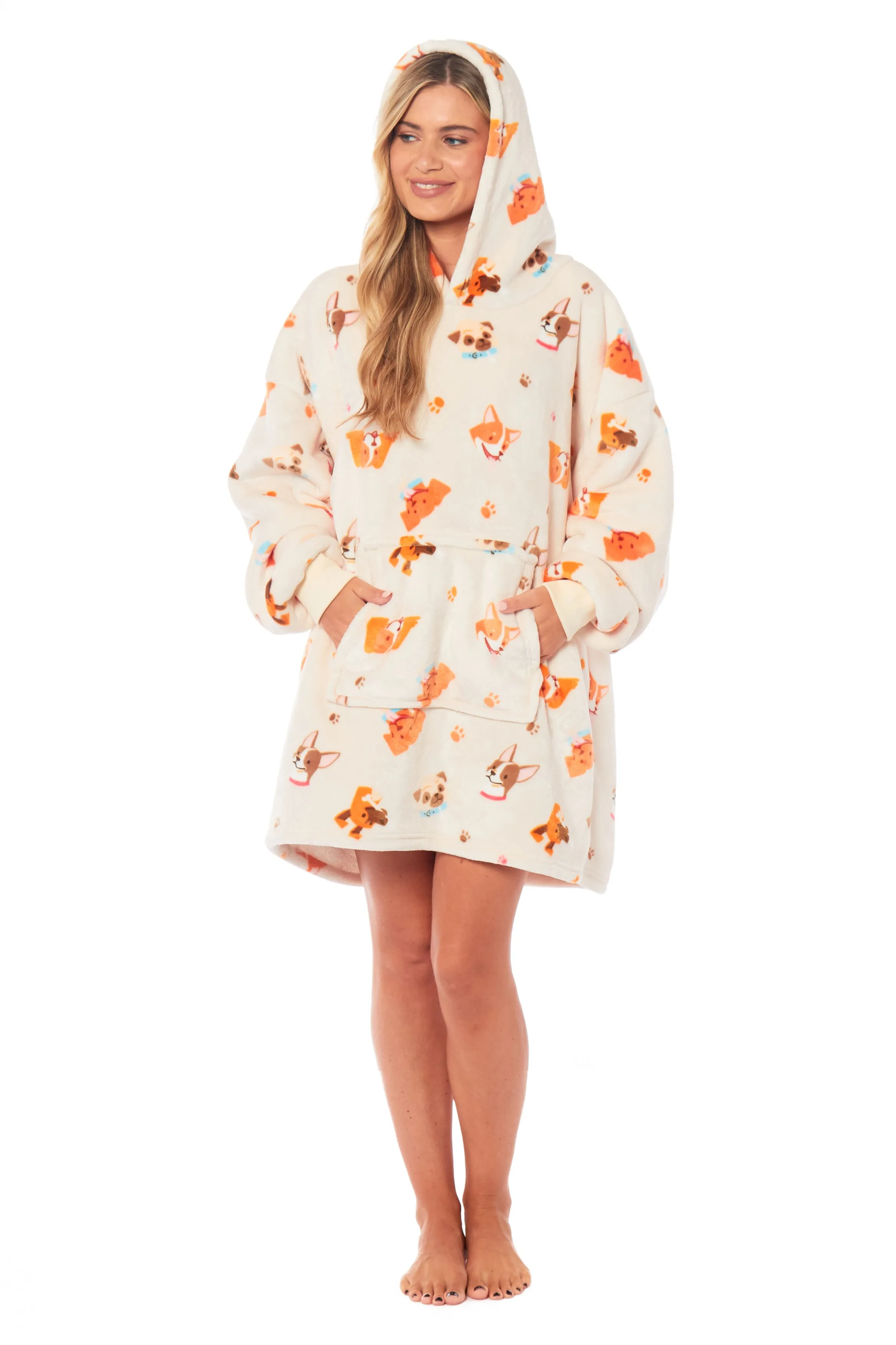 Oversized Dogs Reversible Sherpa Hooded Blanket Ultra Soft Flannel Fleece Hoodie for Adults and Kids with Large Pocket Durable Polyester by Daisy Dreamer