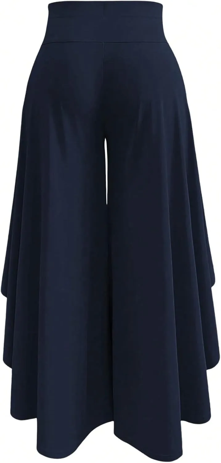 OYOANGLE Women's Plus Size High Waisted Asymmetrical Ruffle Hem Wide Leg Pants Flowy Palazzo Pants