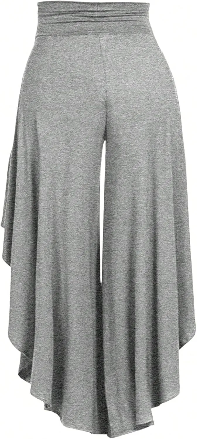 OYOANGLE Women's Plus Size High Waisted Asymmetrical Ruffle Hem Wide Leg Pants Flowy Palazzo Pants