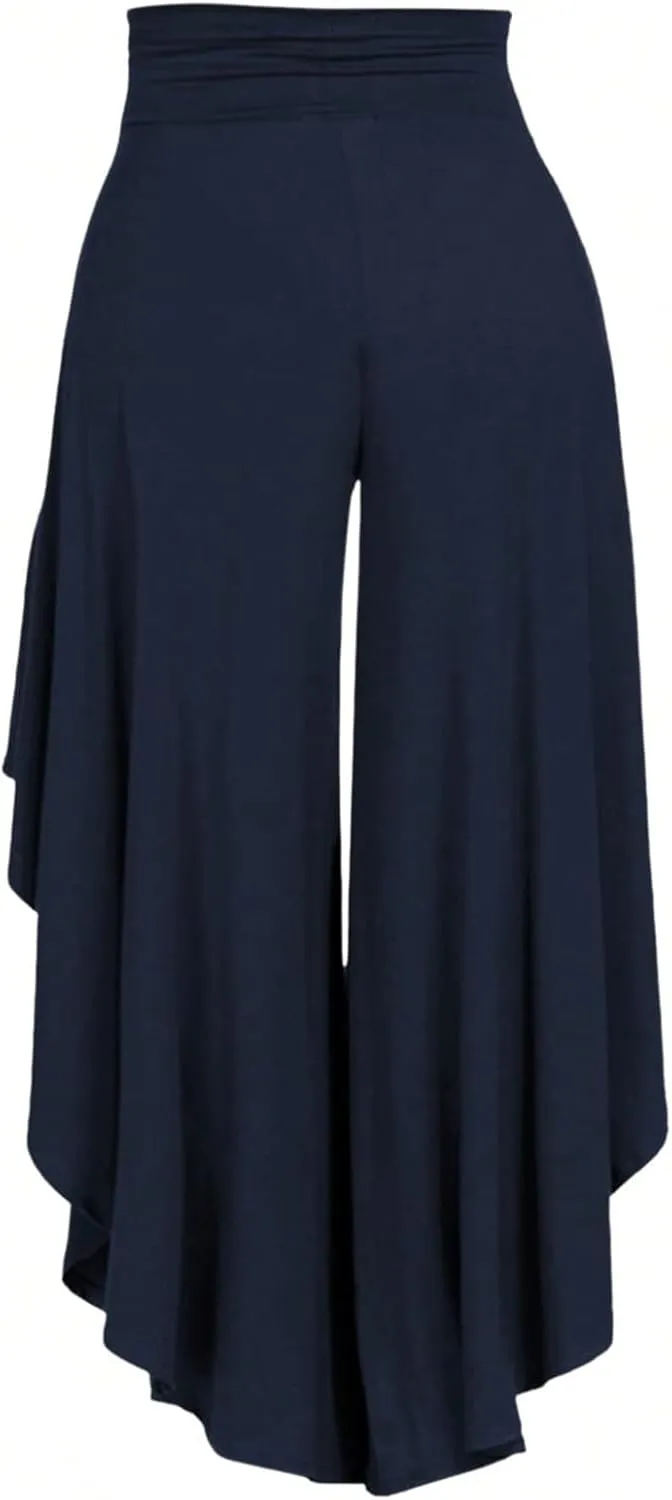 OYOANGLE Women's Plus Size High Waisted Asymmetrical Ruffle Hem Wide Leg Pants Flowy Palazzo Pants
