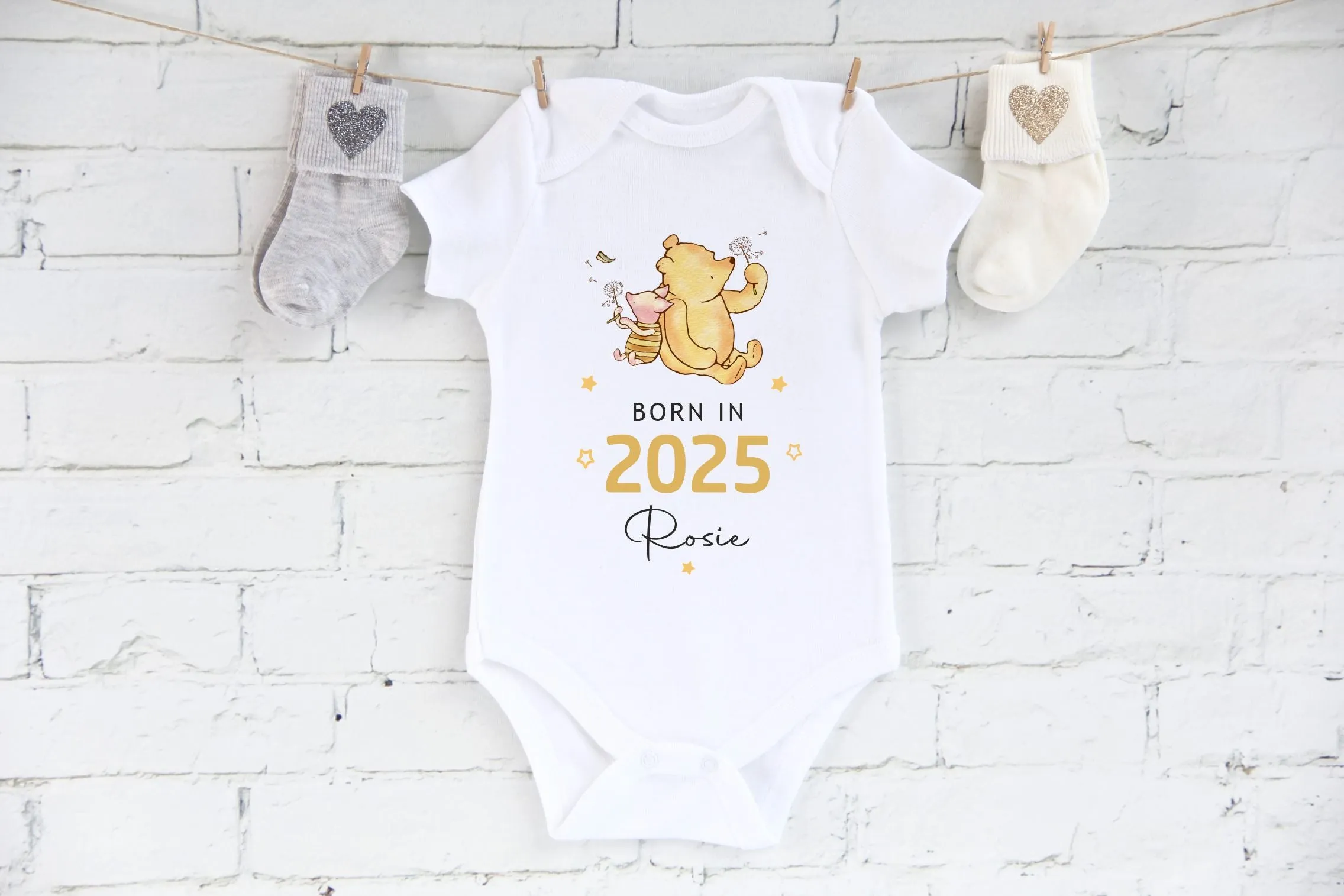 Personalised Winnie the Pooh Born in 2025 Baby Outfit, Coming Home - New baby arrival Vest, Rompersuit