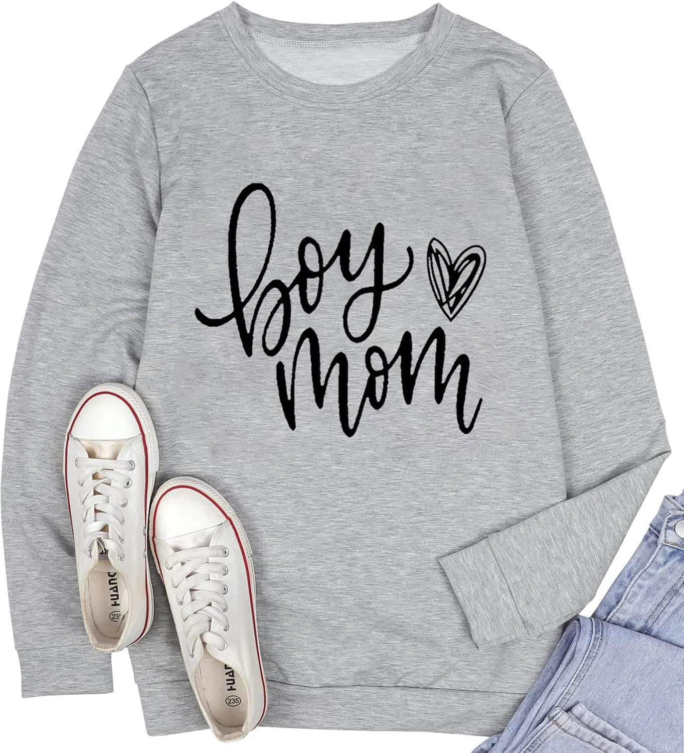 QIANRUO Womens Boy Mom Sweatshirt Lightweight Long Sleeve Crewneck Pullover Sweatshirt Cute Heart Graphic Mama Tees Tops