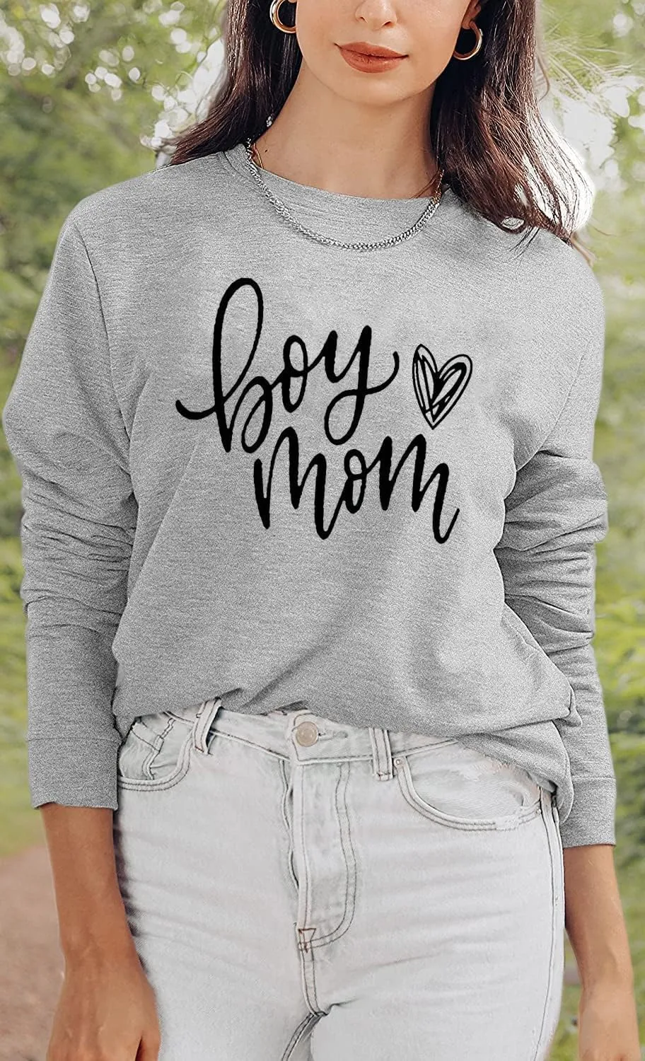 QIANRUO Womens Boy Mom Sweatshirt Lightweight Long Sleeve Crewneck Pullover Sweatshirt Cute Heart Graphic Mama Tees Tops