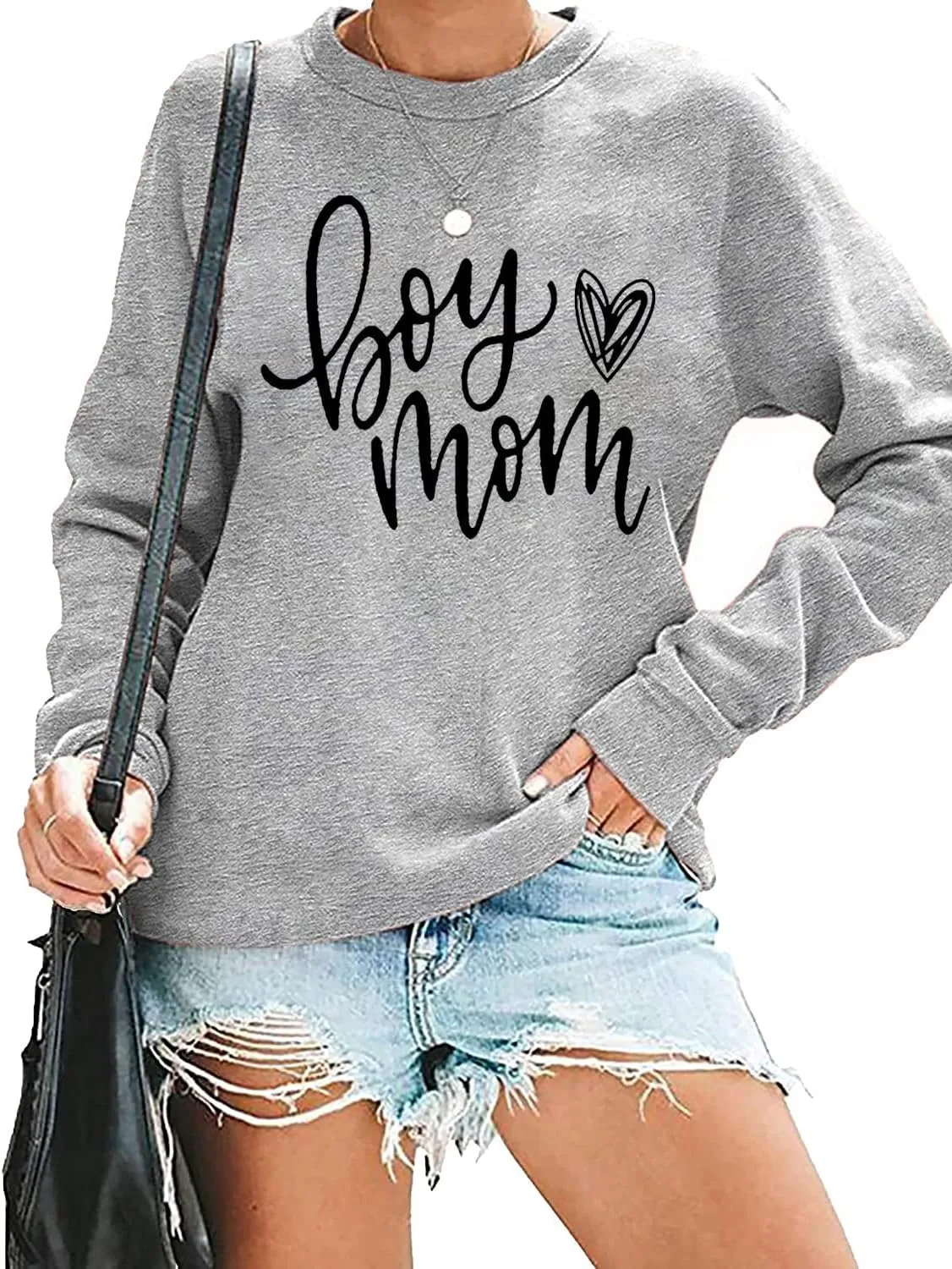QIANRUO Womens Boy Mom Sweatshirt Lightweight Long Sleeve Crewneck Pullover Sweatshirt Cute Heart Graphic Mama Tees Tops