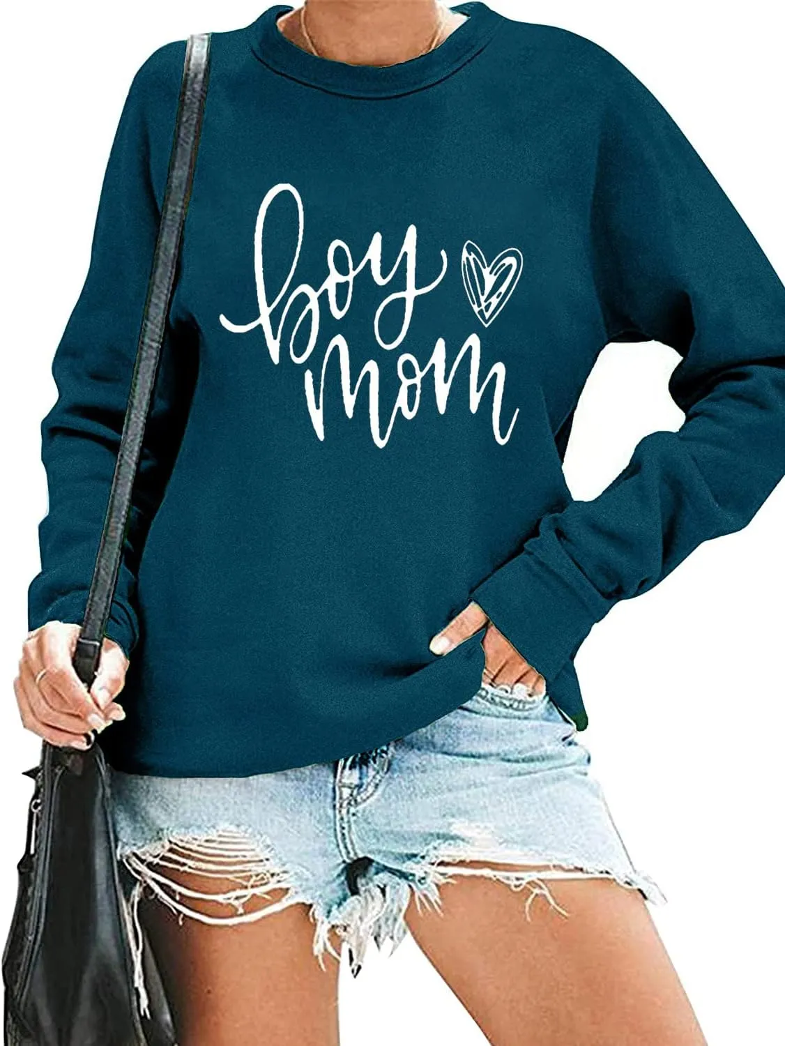 QIANRUO Womens Boy Mom Sweatshirt Lightweight Long Sleeve Crewneck Pullover Sweatshirt Cute Heart Graphic Mama Tees Tops