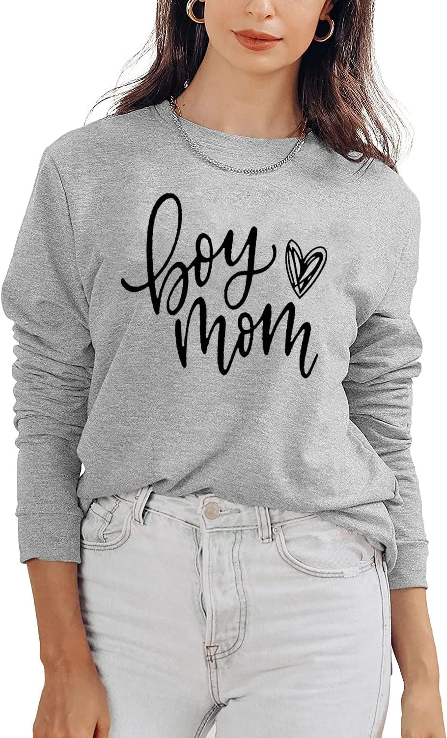 QIANRUO Womens Boy Mom Sweatshirt Lightweight Long Sleeve Crewneck Pullover Sweatshirt Cute Heart Graphic Mama Tees Tops
