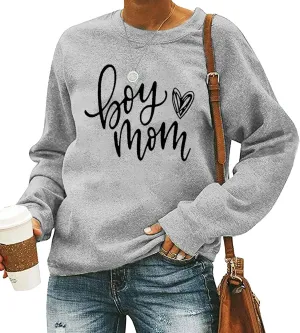 QIANRUO Womens Boy Mom Sweatshirt Lightweight Long Sleeve Crewneck Pullover Sweatshirt Cute Heart Graphic Mama Tees Tops
