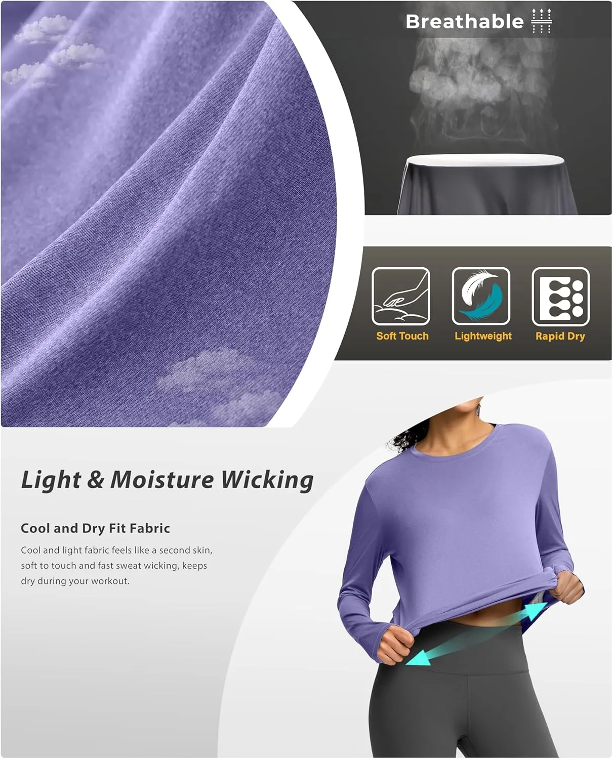 Soothfeel Lightweight Long Sleeve Workout Tops for Women Gym Running Athletic UPF 50  Sun Shirts Tees Moisture Wicking