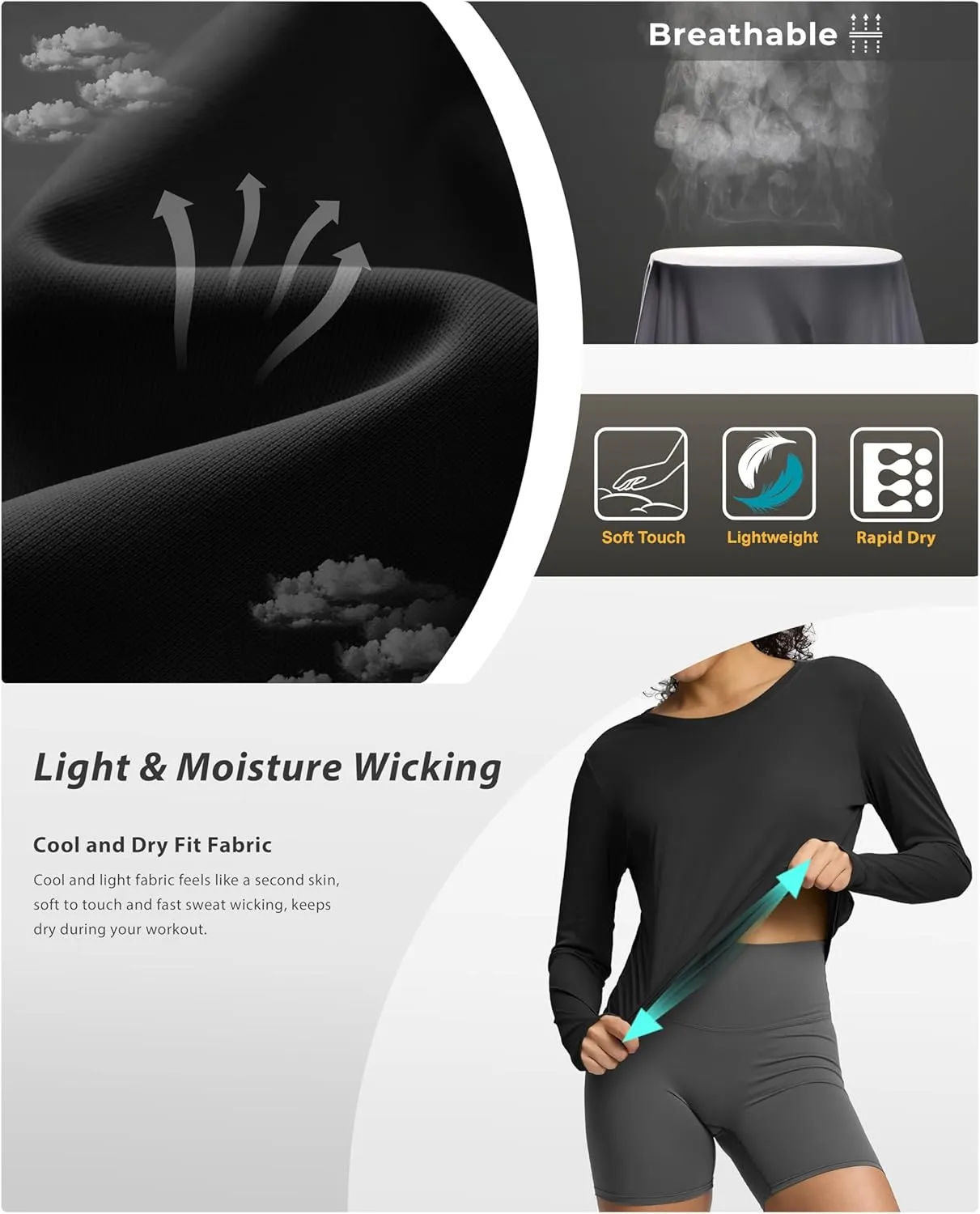 Soothfeel Lightweight Long Sleeve Workout Tops for Women Gym Running Athletic UPF 50  Sun Shirts Tees Moisture Wicking