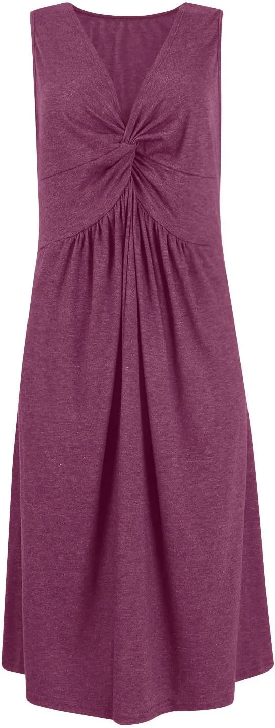 Summer Cotton Sun Dress for Women Soft Sleeveless Front Twist V Neck Sexy Casual Solid Tank Dress A Line Mini Dress