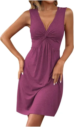 Summer Cotton Sun Dress for Women Soft Sleeveless Front Twist V Neck Sexy Casual Solid Tank Dress A Line Mini Dress