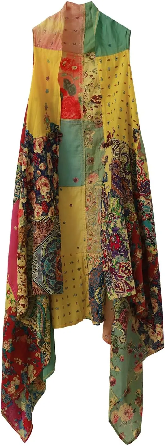 Summer Floral Patchwork Sleeveless Vest Boho Asymmetrical Hem Lightweight Long Cardigan