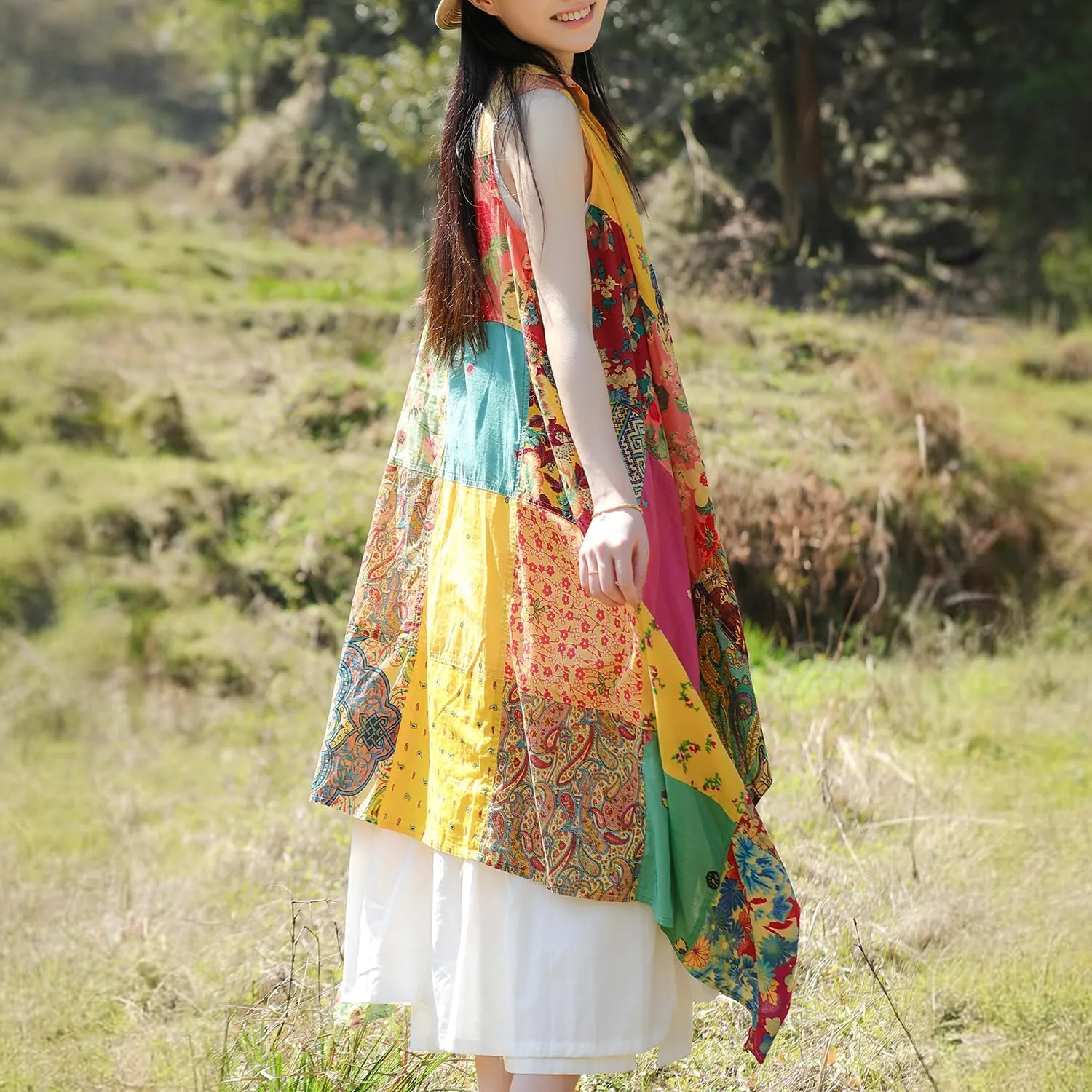 Summer Floral Patchwork Sleeveless Vest Boho Asymmetrical Hem Lightweight Long Cardigan