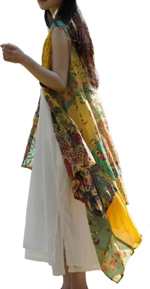 Summer Floral Patchwork Sleeveless Vest Boho Asymmetrical Hem Lightweight Long Cardigan