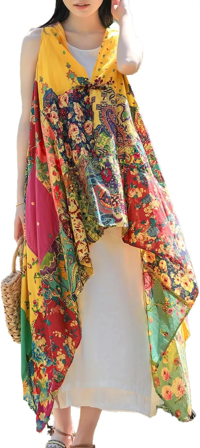 Summer Floral Patchwork Sleeveless Vest Boho Asymmetrical Hem Lightweight Long Cardigan