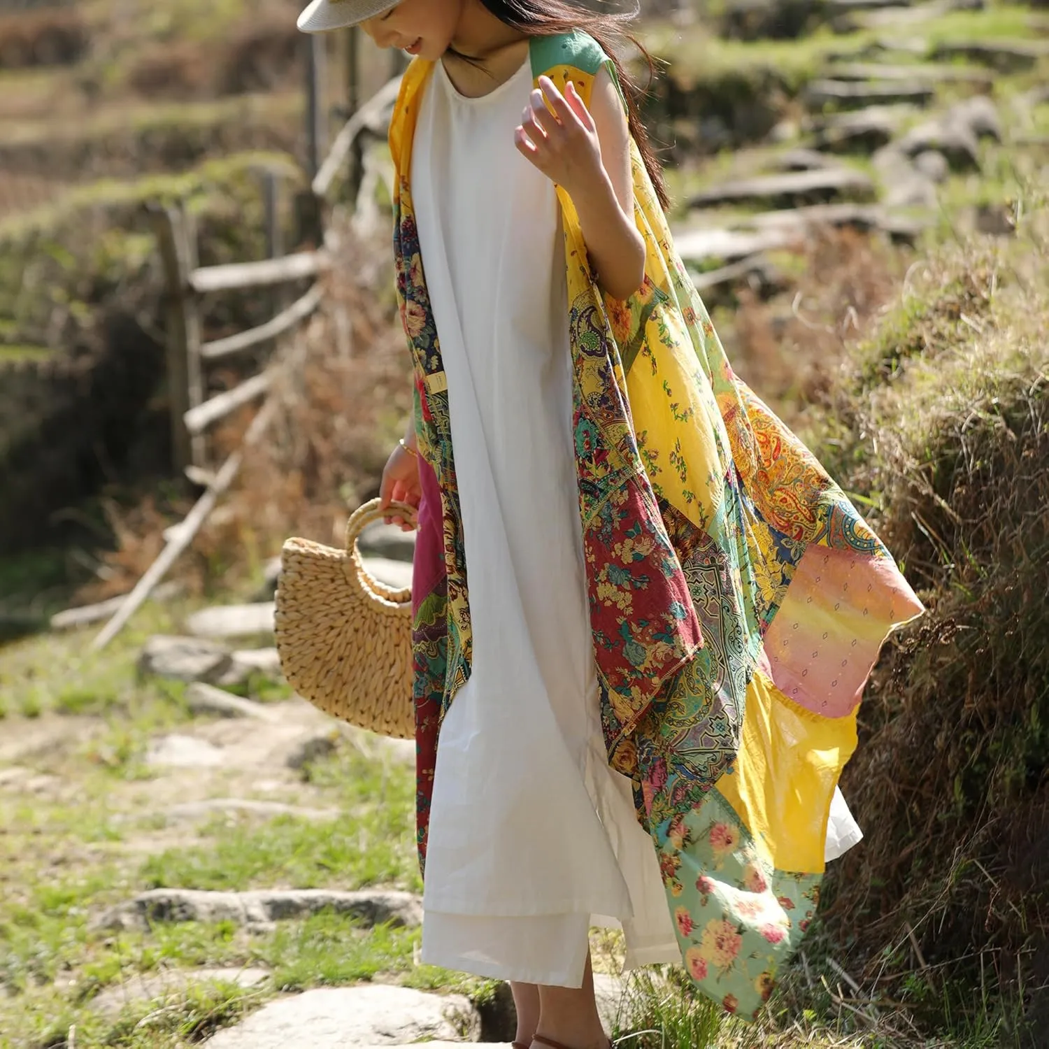 Summer Floral Patchwork Sleeveless Vest Boho Asymmetrical Hem Lightweight Long Cardigan