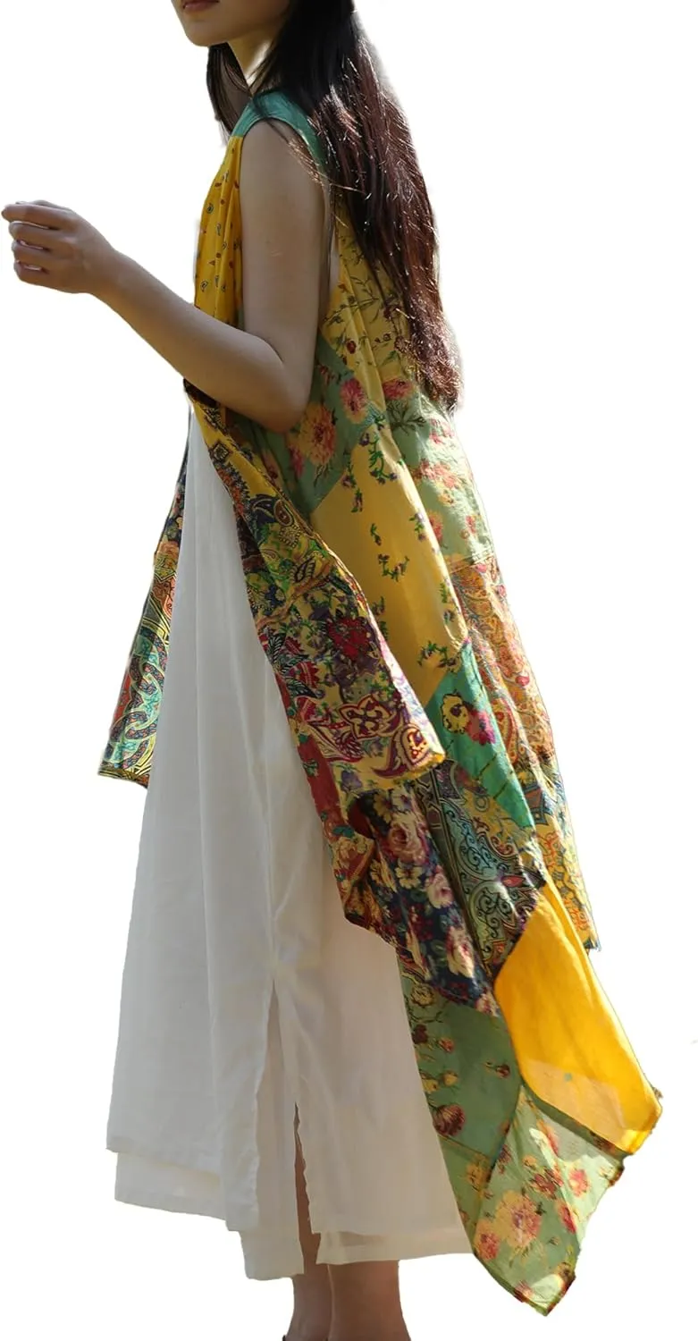 Summer Floral Patchwork Sleeveless Vest Boho Asymmetrical Hem Lightweight Long Cardigan