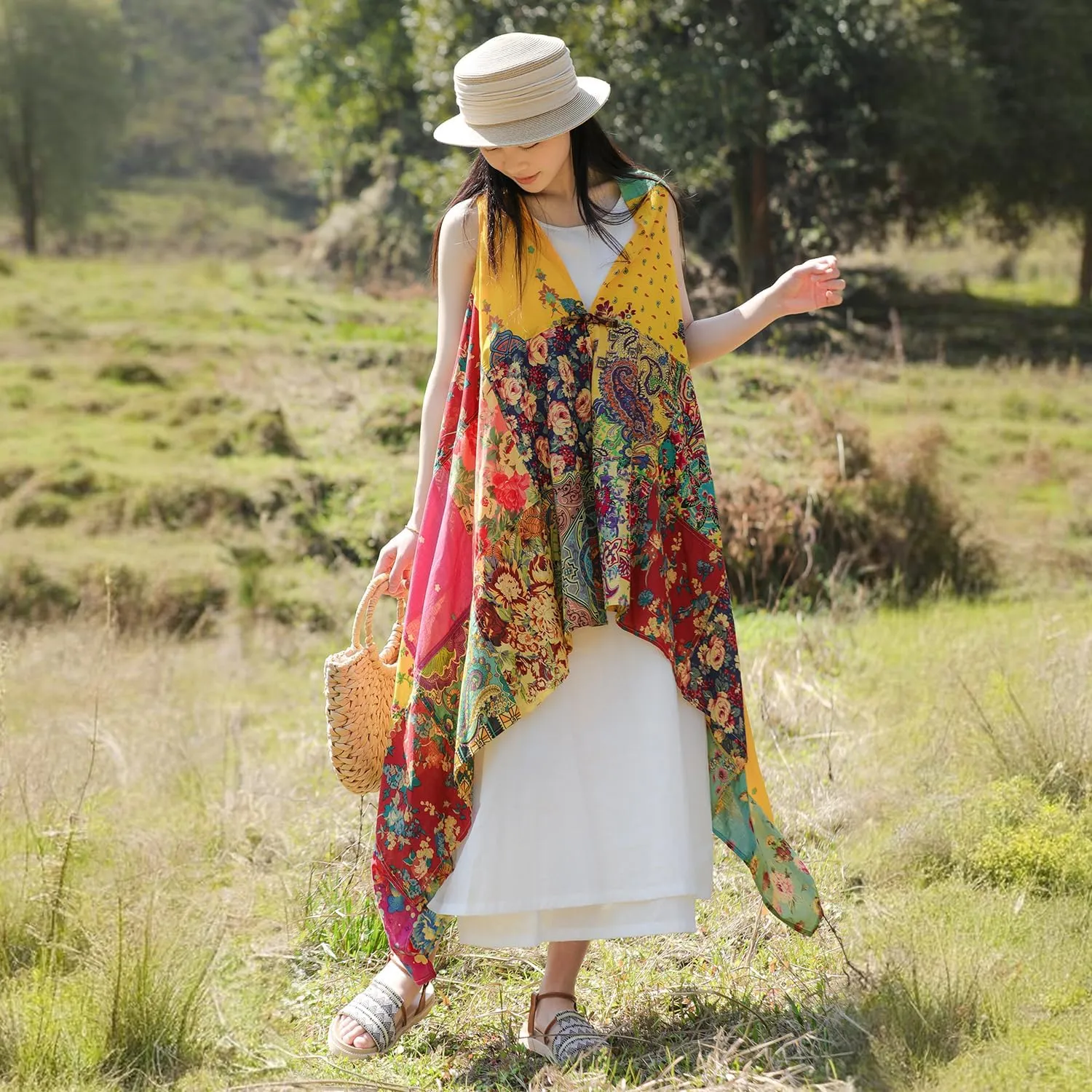 Summer Floral Patchwork Sleeveless Vest Boho Asymmetrical Hem Lightweight Long Cardigan