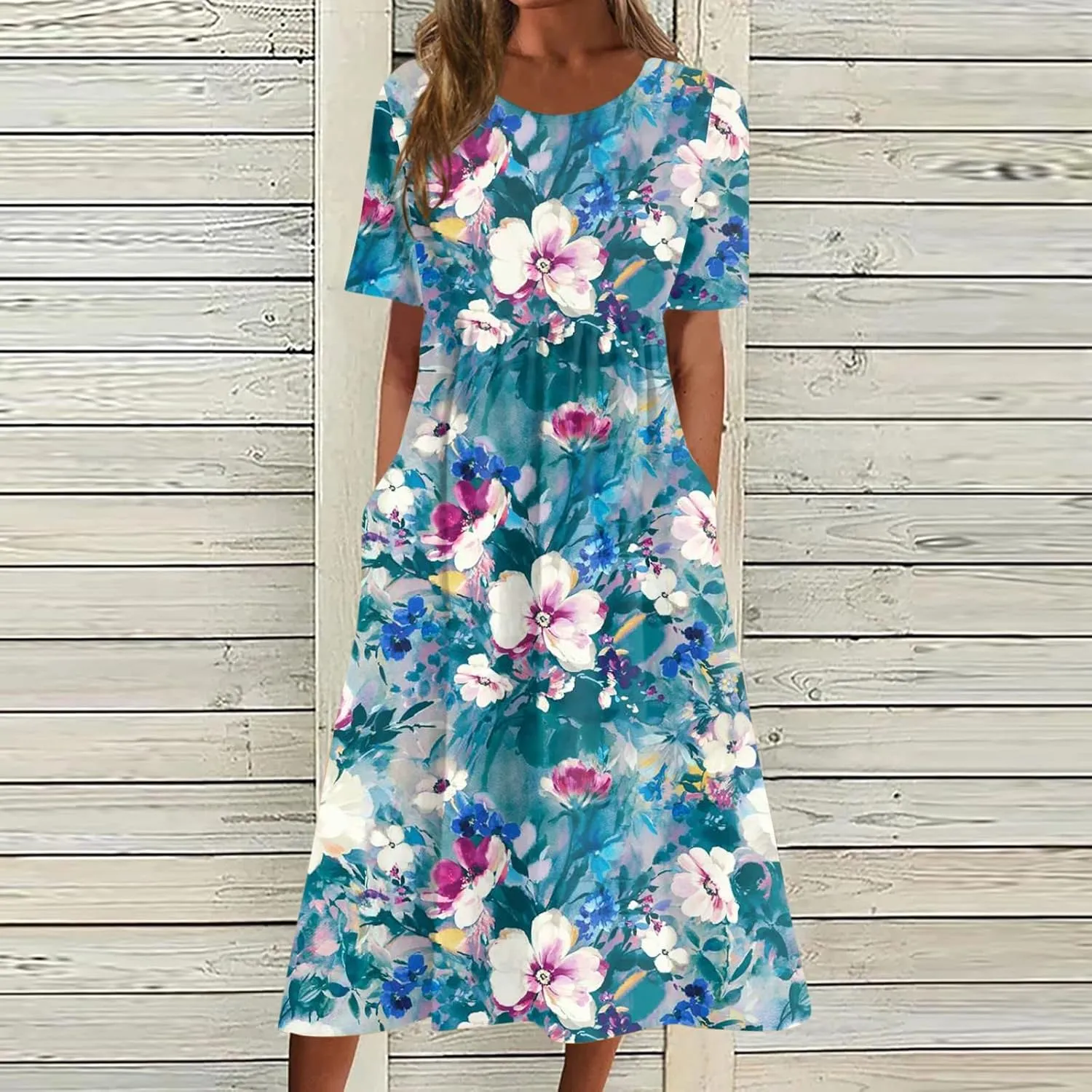 Summer Oversized Dress Womans Short Sleeve Wedding Simple Crewneck Smocked Loose Fit Soft Cotton Pullover.