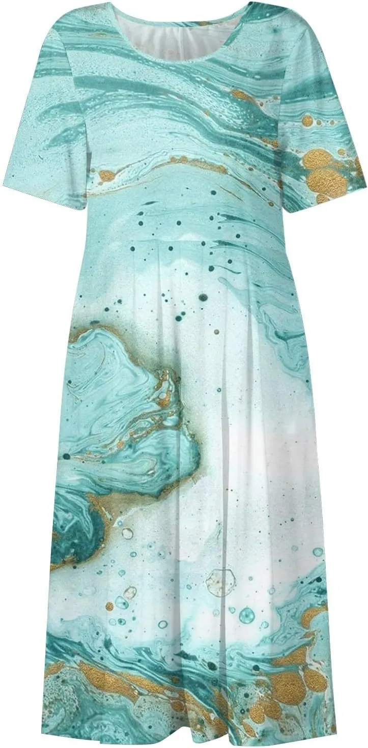 Summer Oversized Dress Womans Short Sleeve Wedding Simple Crewneck Smocked Loose Fit Soft Cotton Pullover.