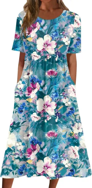 Summer Oversized Dress Womans Short Sleeve Wedding Simple Crewneck Smocked Loose Fit Soft Cotton Pullover.