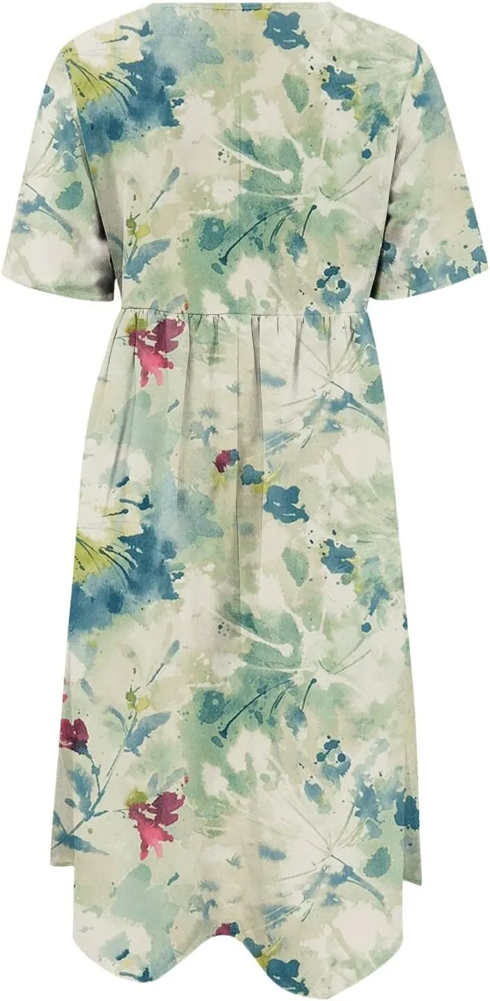 Summer Oversized Dress Womans Short Sleeve Wedding Simple Crewneck Smocked Loose Fit Soft Cotton Pullover.