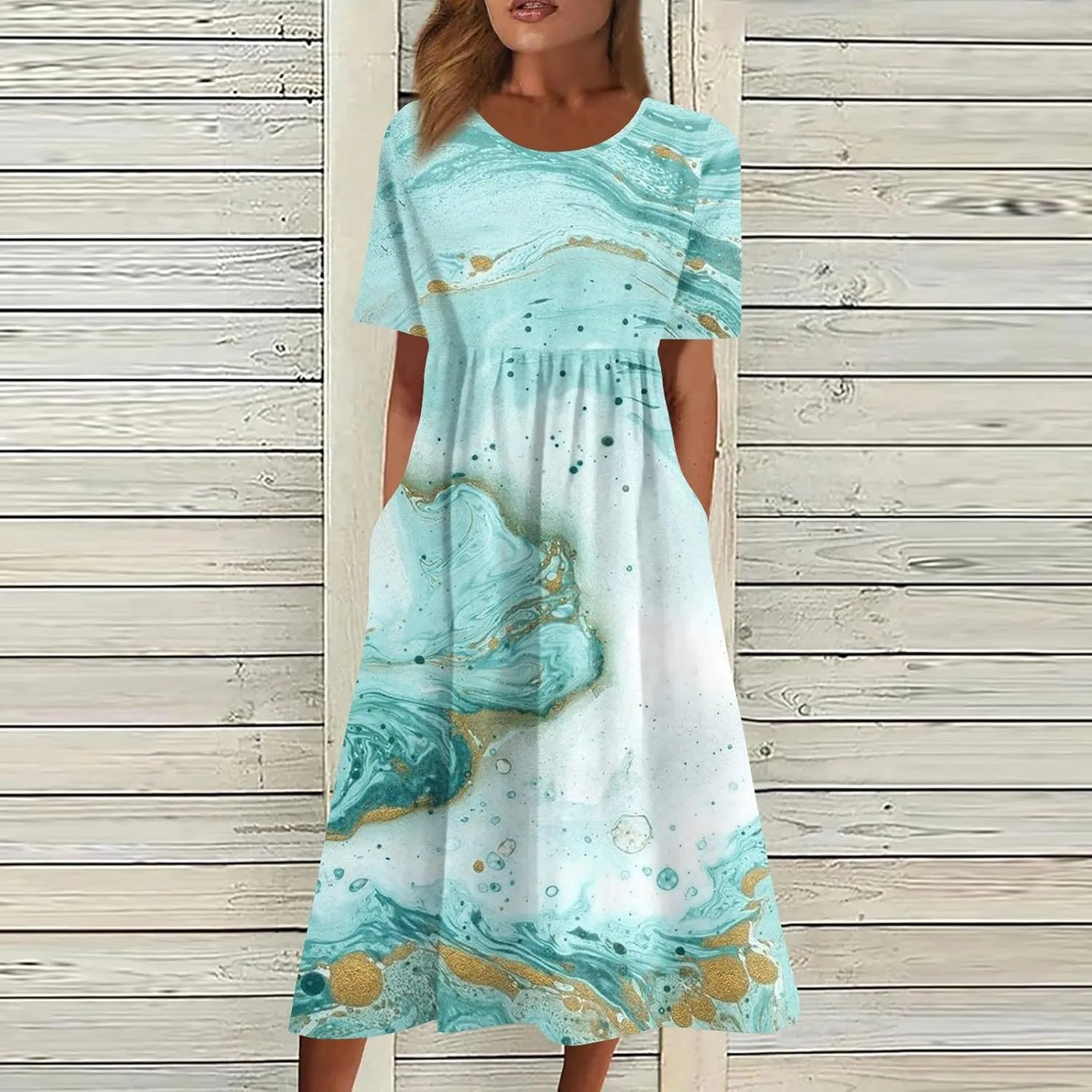 Summer Oversized Dress Womans Short Sleeve Wedding Simple Crewneck Smocked Loose Fit Soft Cotton Pullover.