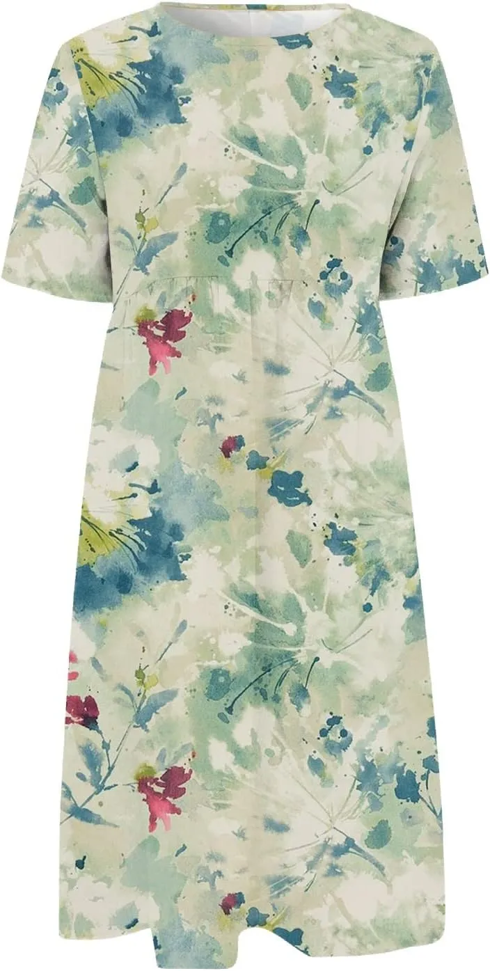 Summer Oversized Dress Womans Short Sleeve Wedding Simple Crewneck Smocked Loose Fit Soft Cotton Pullover.