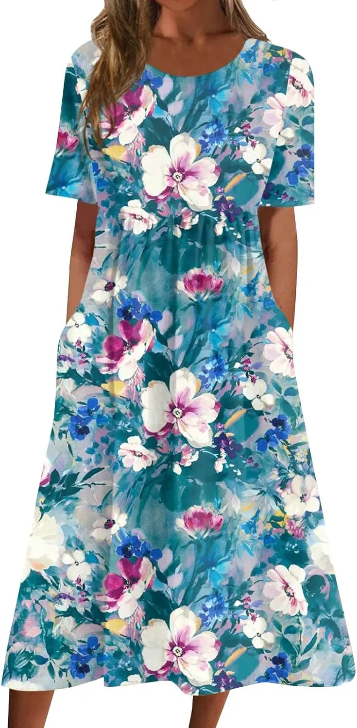 Summer Oversized Dress Womans Short Sleeve Wedding Simple Crewneck Smocked Loose Fit Soft Cotton Pullover.
