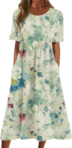 Summer Oversized Dress Womans Short Sleeve Wedding Simple Crewneck Smocked Loose Fit Soft Cotton Pullover.