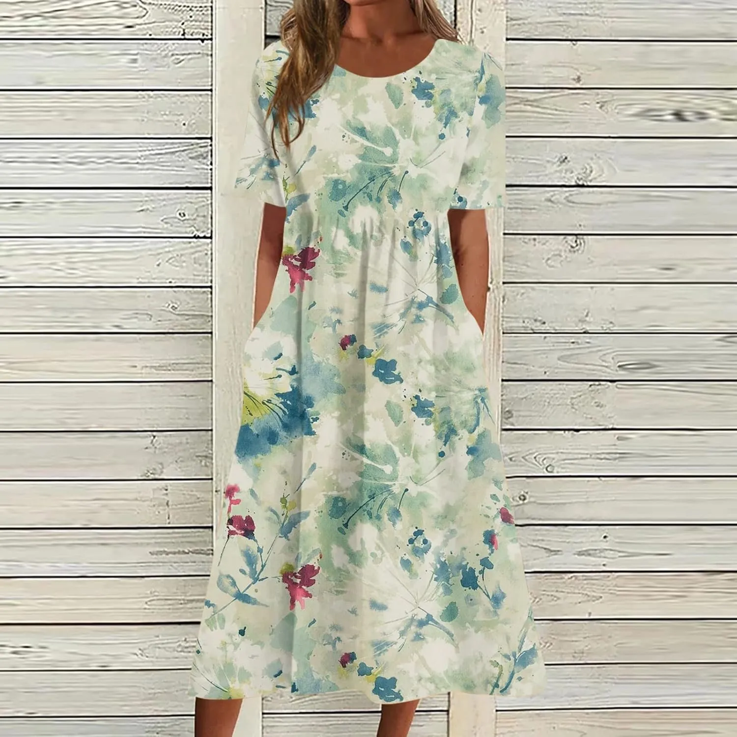 Summer Oversized Dress Womans Short Sleeve Wedding Simple Crewneck Smocked Loose Fit Soft Cotton Pullover.