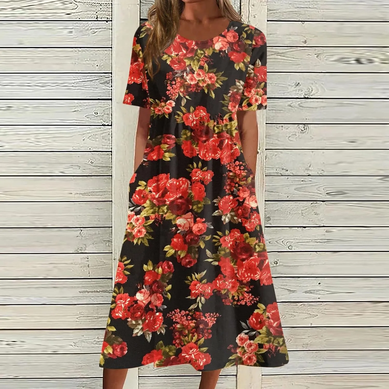 Summer Oversized Dress Womans Short Sleeve Wedding Simple Crewneck Smocked Loose Fit Soft Cotton Pullover.