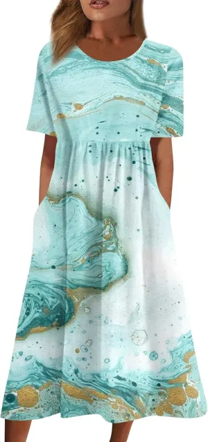 Summer Oversized Dress Womans Short Sleeve Wedding Simple Crewneck Smocked Loose Fit Soft Cotton Pullover.