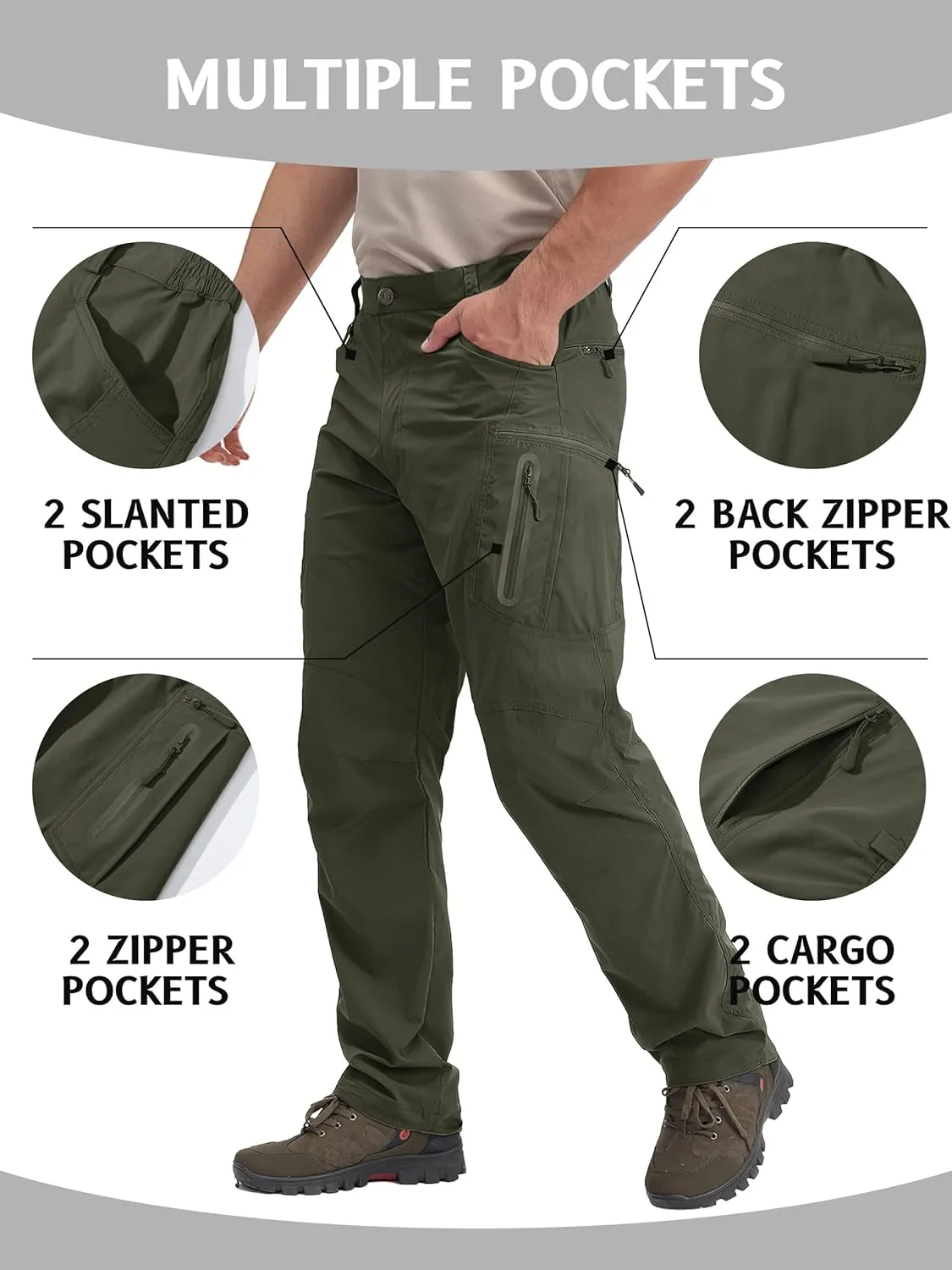 TACVASEN Men's Lightweight Hiking Tactical Pants Waterproof Quick Dry Cargo Work Rain Outdoor Pants 8 Pockets