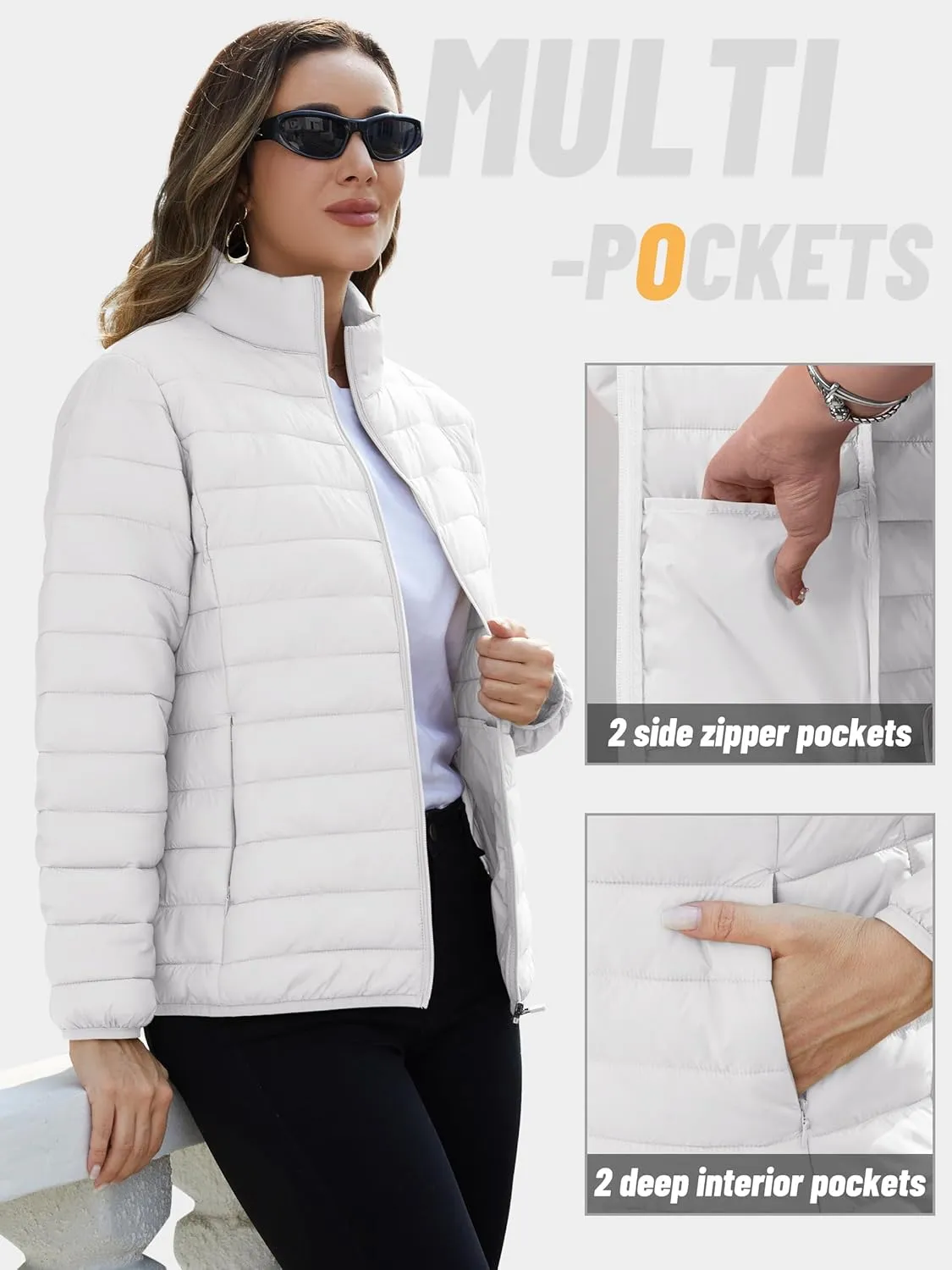 TACVASEN Womens Puffer Jacket Quilted Lightweight Stand Collar Zip Up Alternative Down Coat Warm Winter with 4 Pockets