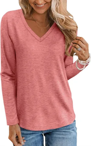 TICTICMIMI Women's V Neck Long Sleeve Tops Casual T Shirts Basic Blouse Tees Loose Fit Lightweight Tunic Shirts