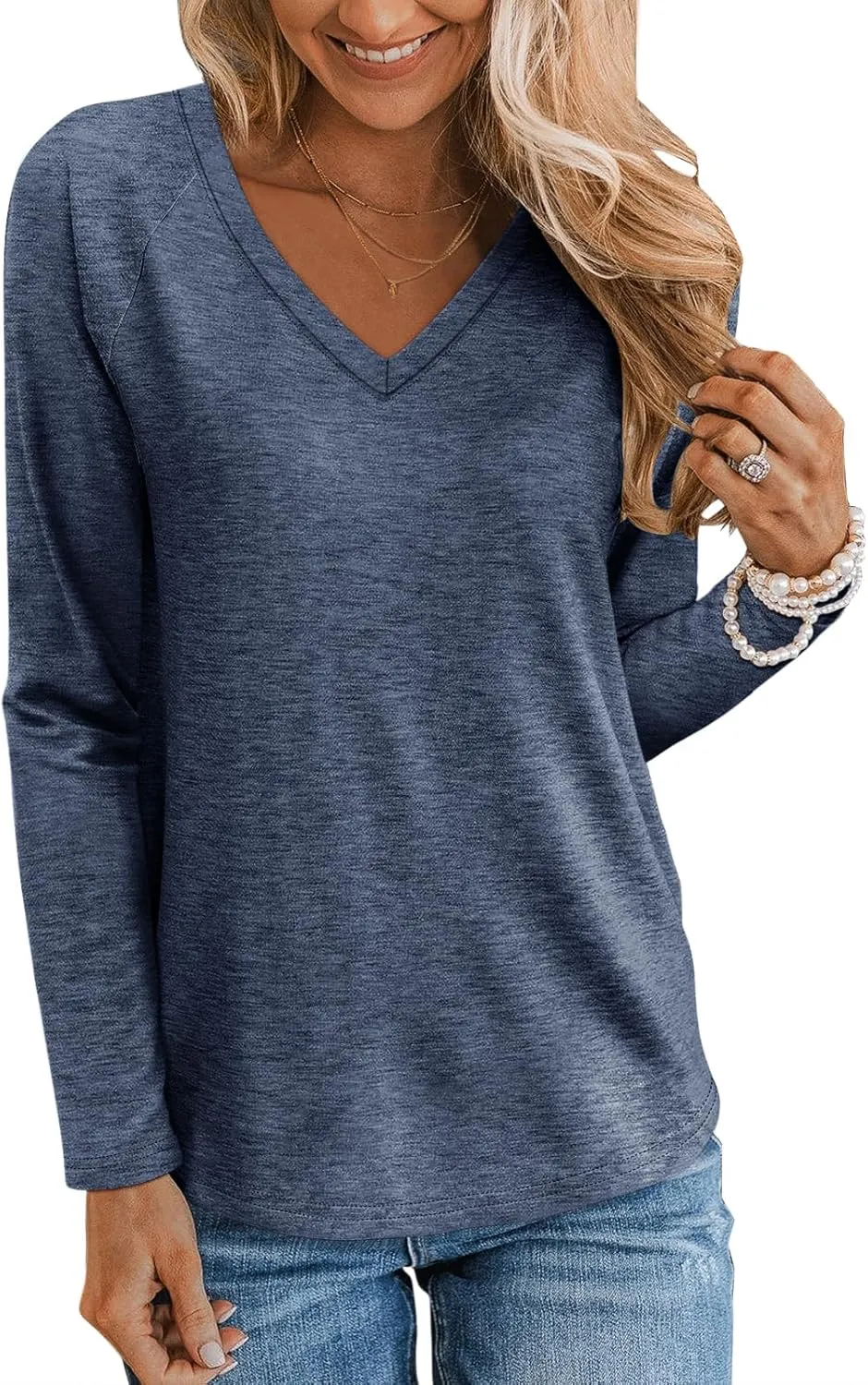 TICTICMIMI Women's V Neck Long Sleeve Tops Casual T Shirts Basic Blouse Tees Loose Fit Lightweight Tunic Shirts