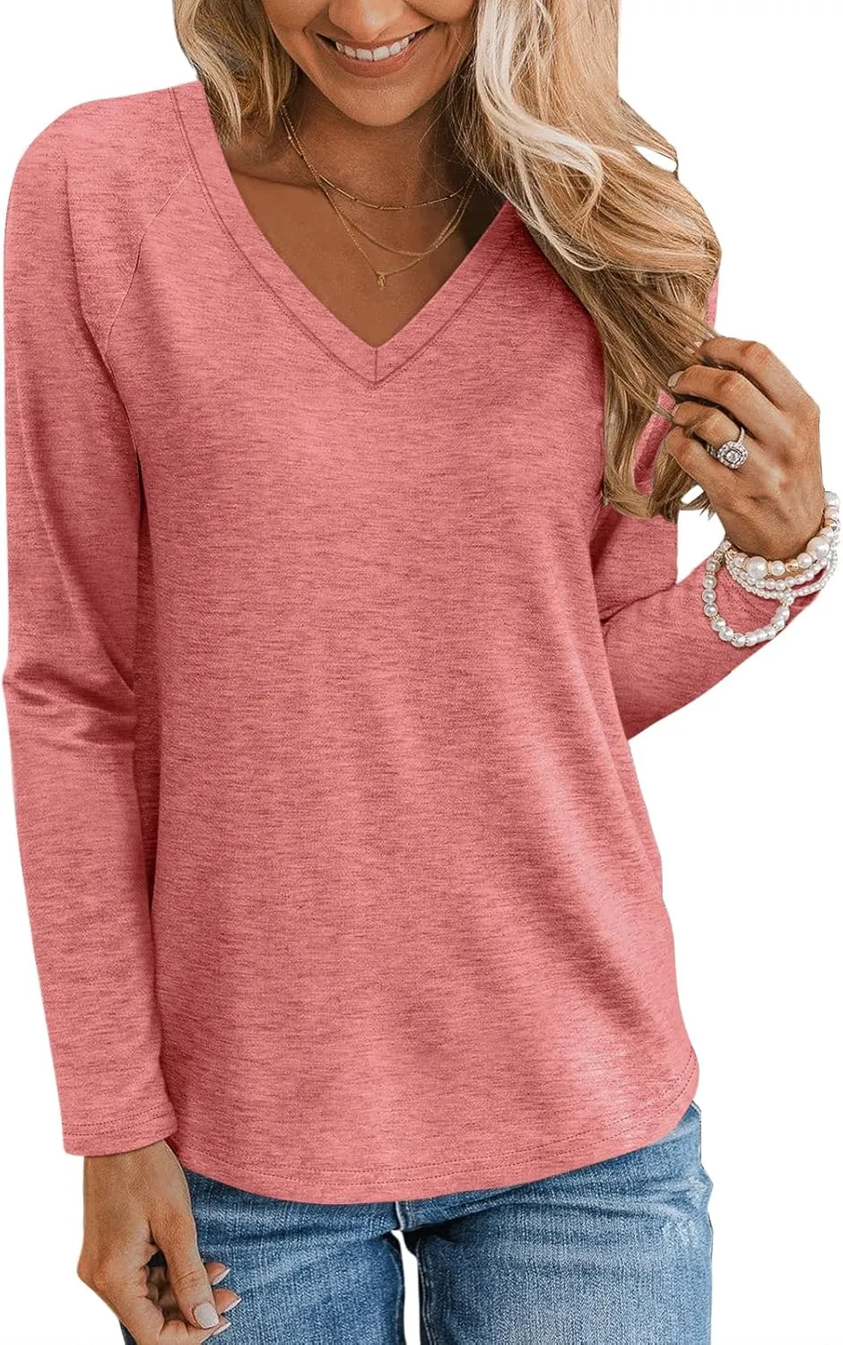 TICTICMIMI Women's V Neck Long Sleeve Tops Casual T Shirts Basic Blouse Tees Loose Fit Lightweight Tunic Shirts