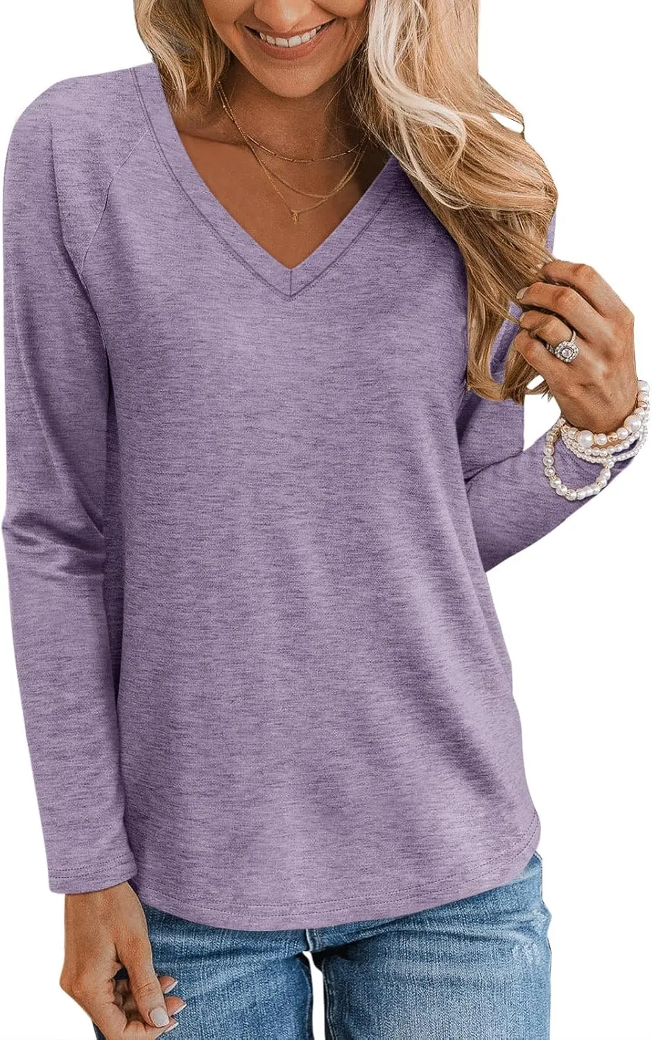 TICTICMIMI Women's V Neck Long Sleeve Tops Casual T Shirts Basic Blouse Tees Loose Fit Lightweight Tunic Shirts