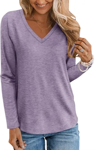 TICTICMIMI Women's V Neck Long Sleeve Tops Casual T Shirts Basic Blouse Tees Loose Fit Lightweight Tunic Shirts